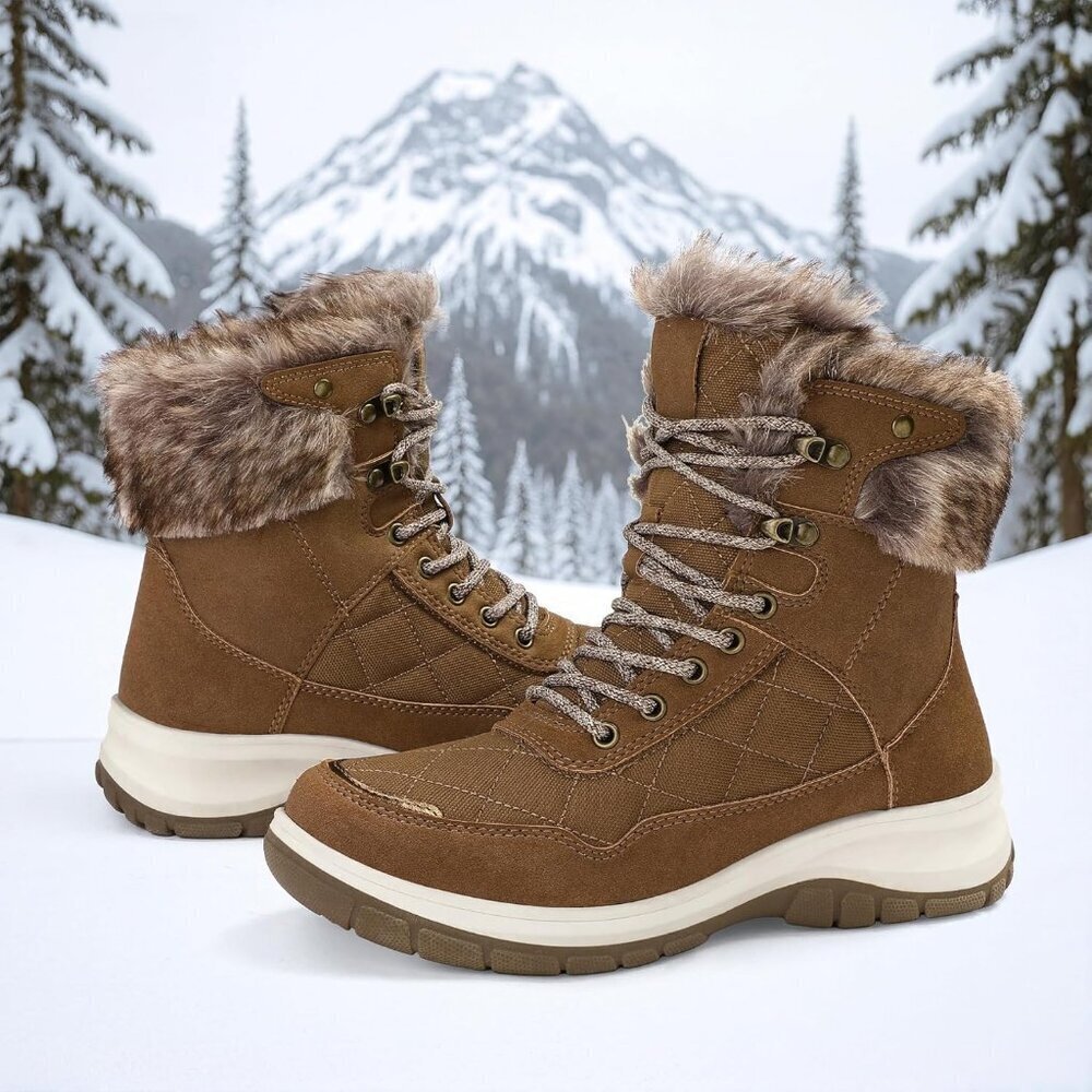 Women's Brown Waterproof Insulated Snow Boots Lace-Up Winter Booties - Picture 3 of 5